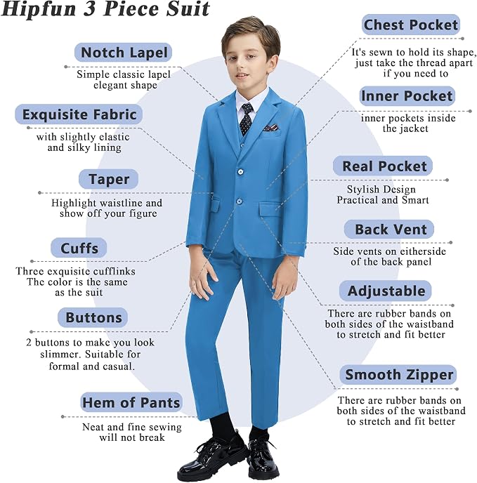 Boys' 3 Piece Suit Set with Suit Jacket, Formal Tuxedos Slim Fit Ring Bearer - Image 3