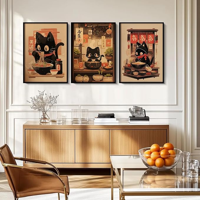 Pouydmi Japanese Cat Wall Art Black Cat Poster Eating Ramen Canvas Wall Decor - Image 4
