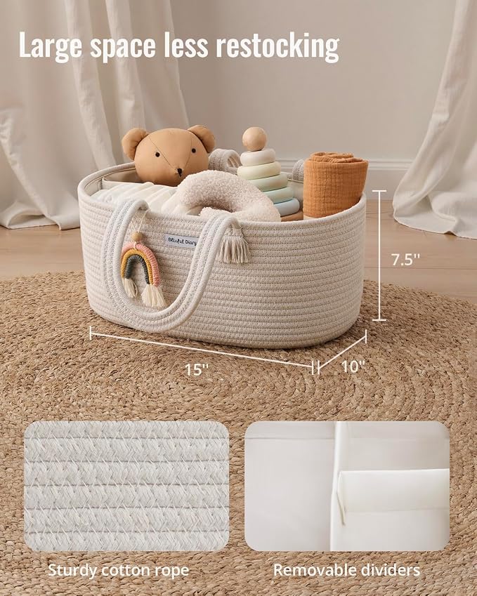 Blissful Diary Baby Diaper Caddy Organizer, Cotton Rope Diaper Caddy Basket - Image 3