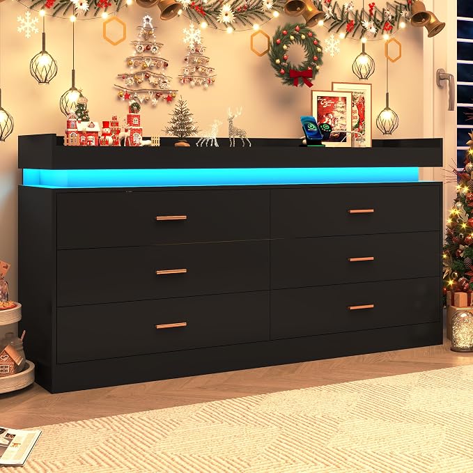 6 Drawer Dresser with LED Light and Charging Station, Wide Drawer Organizer - Image 7