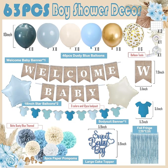 Dusty Blue Baby Shower Decorations- Boy Baby Shower Decor Set with- Welcome - Image 2