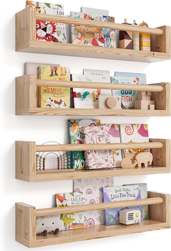 Nursery Wall Bookshelf Set of 4, Floating Bookshelves by Seocry