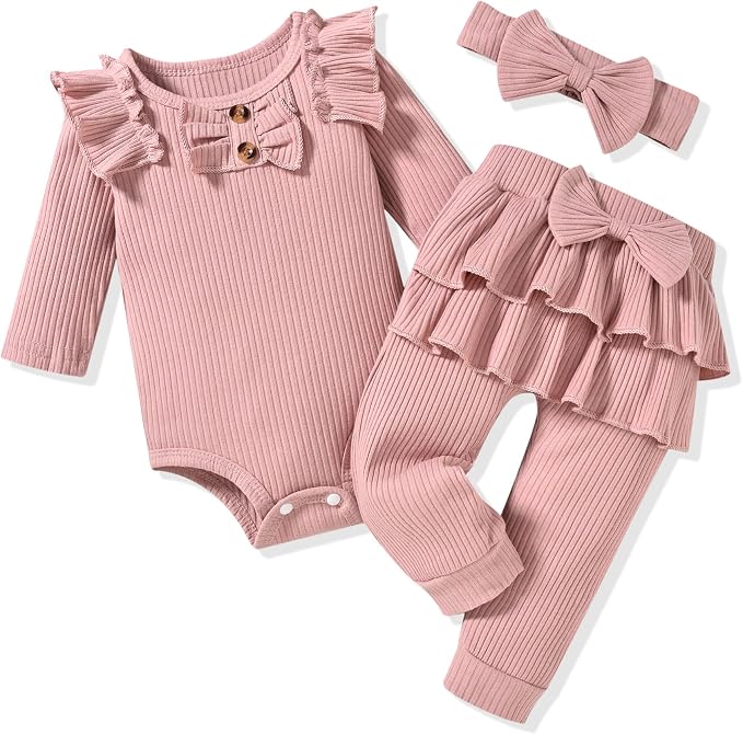 Aalizzwell Preemie Newborn Infant Baby Girls Clothes Ribbed Bodysuit Pants Set by Aalizzwell