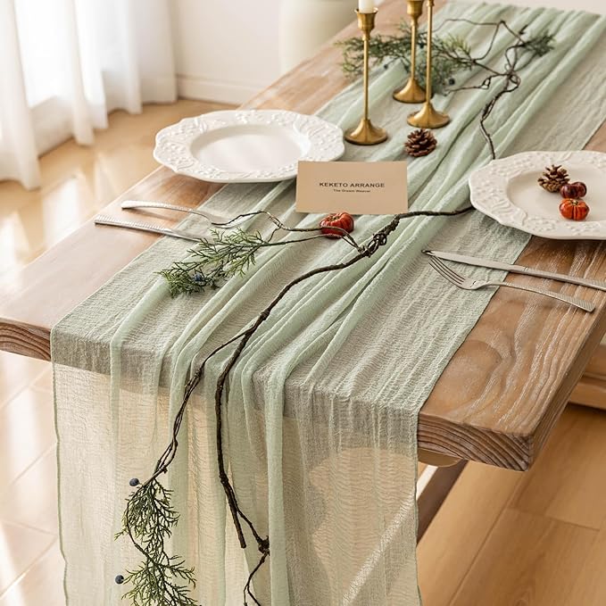 Sage Green Table Runner Cheesecloth 120 Inch 10 FT Rustic Boho Cheese Cloth by KEKETOARRANGE