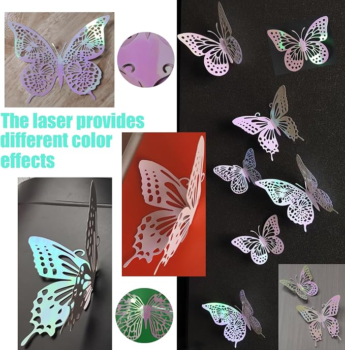 JOSDIOX 3D Butterfly Wall Decor 48 Pcs 4 Styles 3 Sizes, Laser Pink Butterflies - Image 4