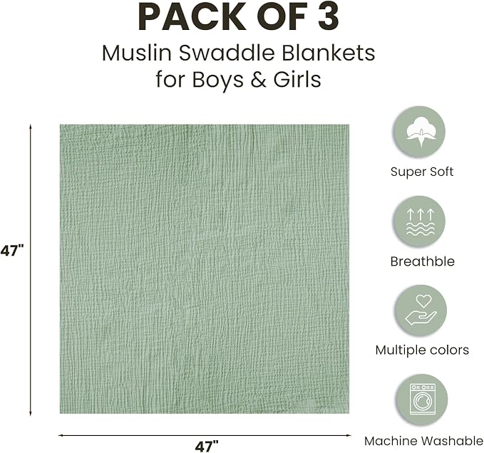 Konssy 3 Pack Muslin Swaddle Blankets - Image 8