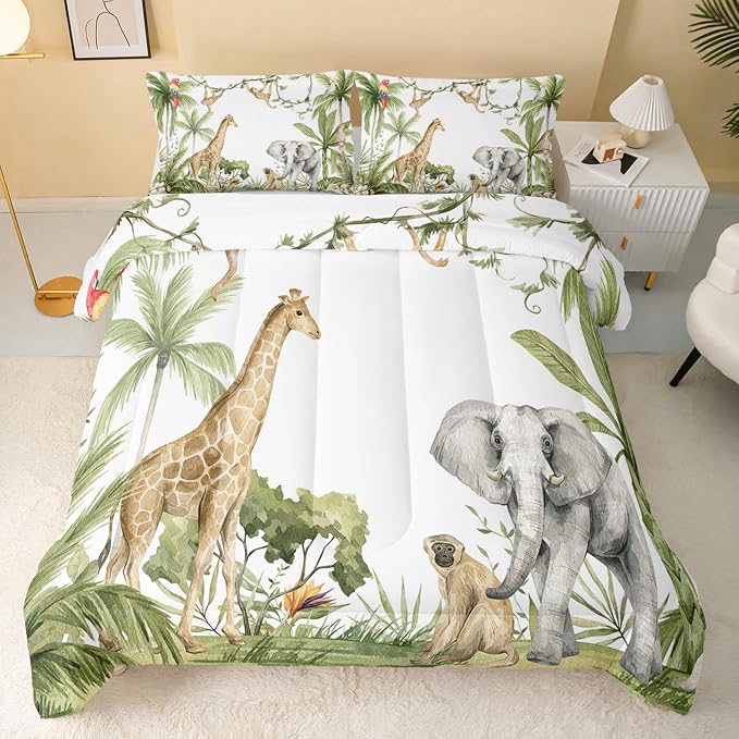 QOOMO Elephant Giraffe Monkeys Comforter King Size, Wild Animals Kids Comforter - Image 2