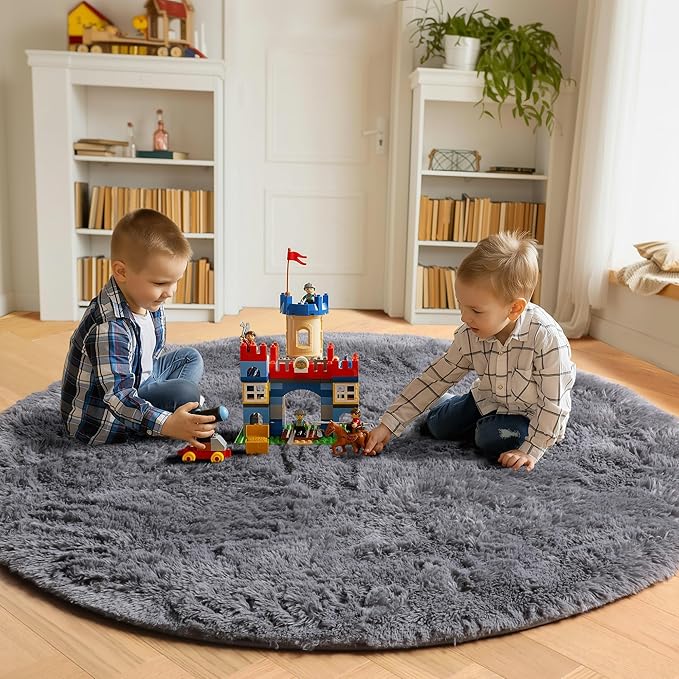 ONASAR Grey Round Area Rug 4ft, Fluffy Plush Shaggy Carpet Mats - Image 4