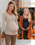 Ficerd 3 Pack Women's Maternity Shirts Ribbed Long Sleeve Pregnancy Tops V Neck - Image 5