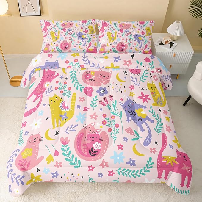 QOOMO Floral Cat Comforter Full Size, Down Alternative, Soft and Lightweight - Image 2