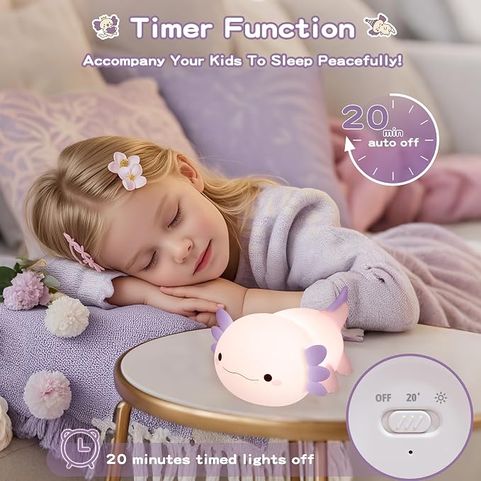 Axolotl Night Light for Kids, Cute Purple Axolotl Lamp, LED Squishy Nursery - Image 3