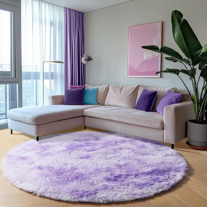 ONASAR Tie-Dyed Purple Round Area Rug 4ft, Soft Bedroom Circle Rugs Floor Mats - Image 4