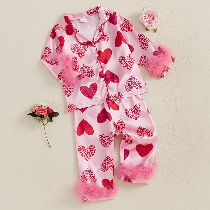 fyclemt Toddler Baby Girl Satin Pajama Set Feather Trim Long Sleeve Button - Image 3