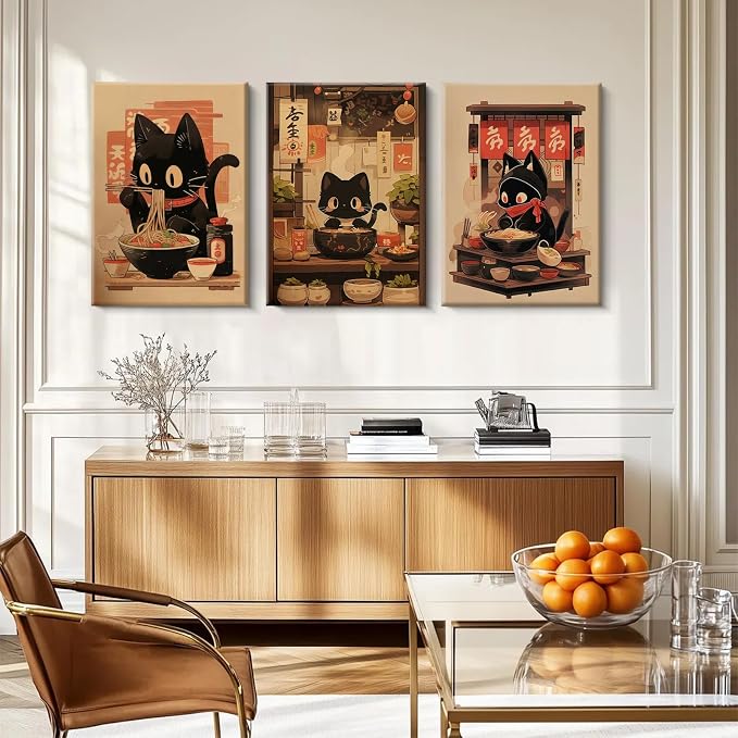 Pouydmi Japanese Cat Wall Art Black Cat Poster Eating Ramen Canvas Wall Decor - Image 4