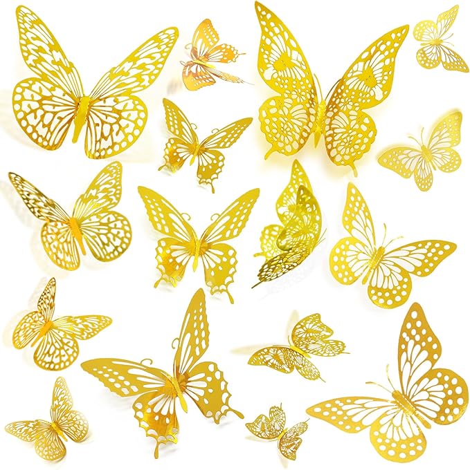 JOSDIOX 3D Butterfly Wall Decor Sticker -48 Pcs, 4 Styles, 3 Sizes Gold by JOSDIOX