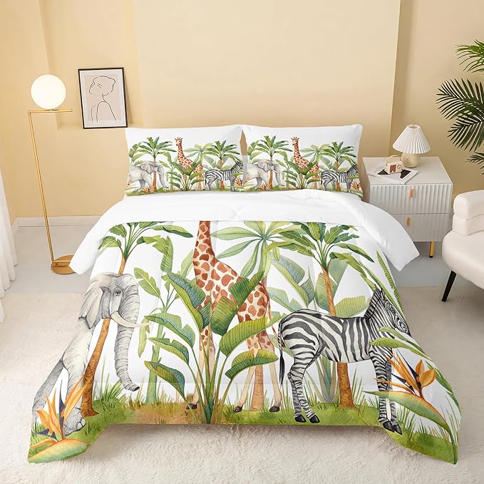 QOOMO Wild Animal Comforter Full Size, Elephant Giraffe Zebra Kids Comforter Set by QOOMOHOME