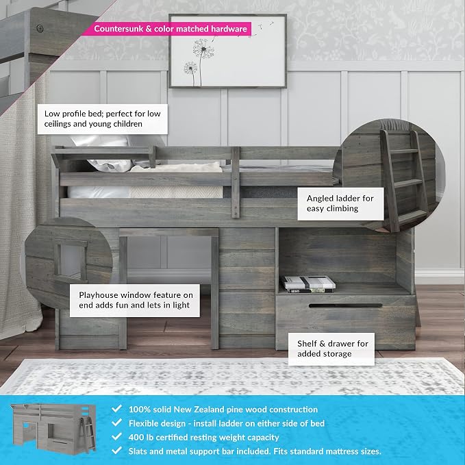 Max & Lily Loft Bed Twin Size, Solid Wood Low Loft Bed - Image 3