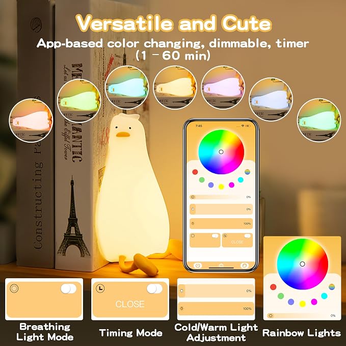 Cute Duck Night Light with Color Changing, APP/Tap Control Fun Lying Flat Ducky - Image 3
