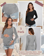 Ficerd 3 Pack Women's Maternity Shirts, Long Sleeve Side Ruched Pregnancy Tee - Image 3