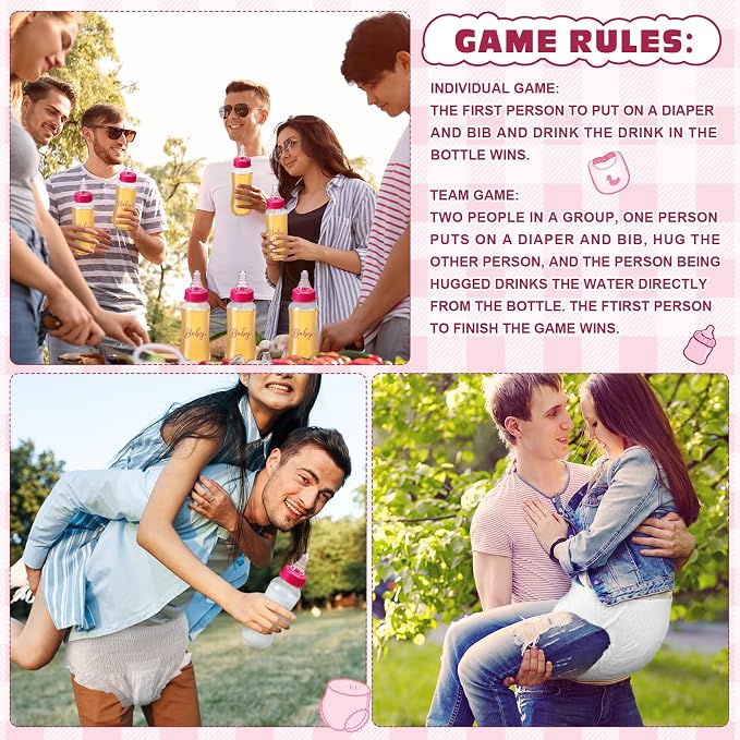 6 Sets Bottle Chug Baby Shower Games Juegos Para Plastic Baby Bottles Bibs - Image 6