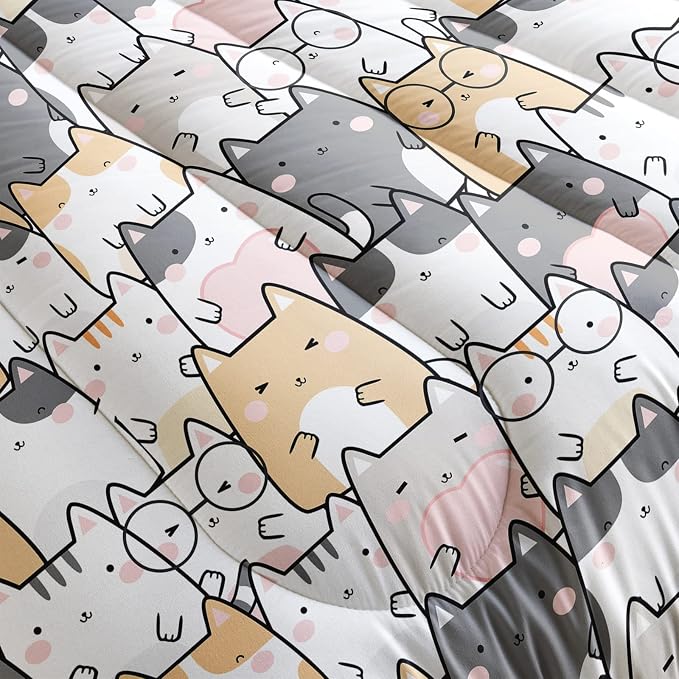 QOOMO Kawaii Cat Comforter King Size, Cats Bedding Set - Image 5