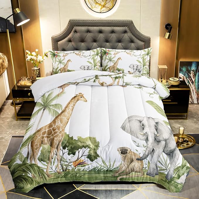 QOOMO Elephant Giraffe Monkeys Comforter Queen Size, Wild Animals Kids Bedding by QOOMOHOME