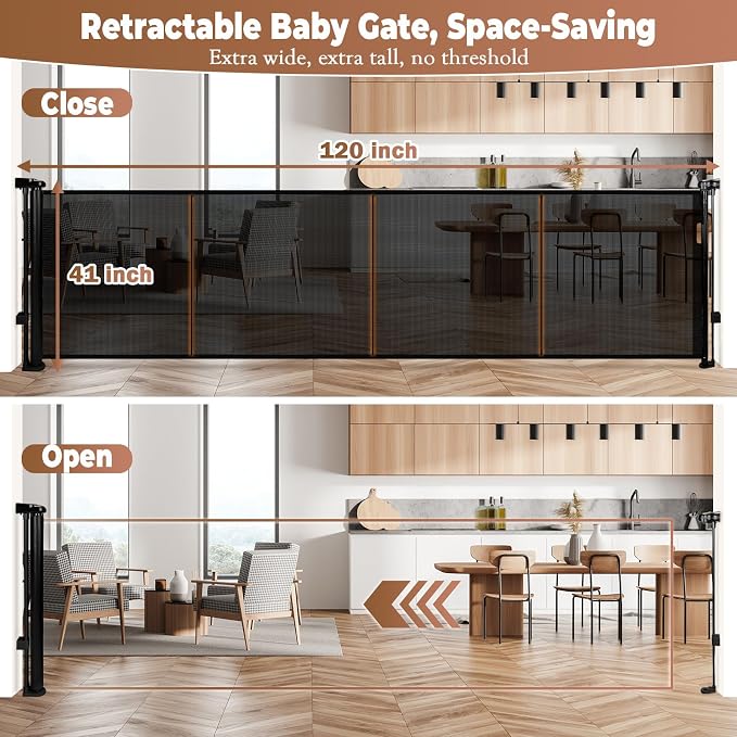 120" Retractable Baby Gate Extra Wide, Mesh Gate Long Child Gate Pet Gate - Image 3