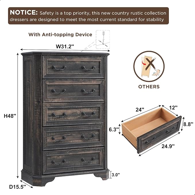 T4TREAM Farmhouse 5 Drawers Dresser - Image 2