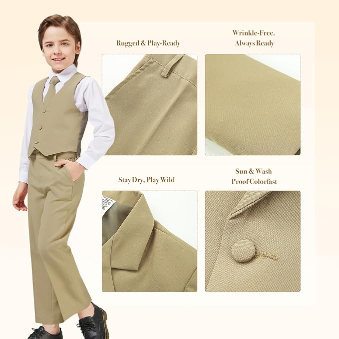 Luca Gabriel Toddler Boys' 5 Piece Classic Fit No Tail Formal Khaki Dress Suit - Image 3