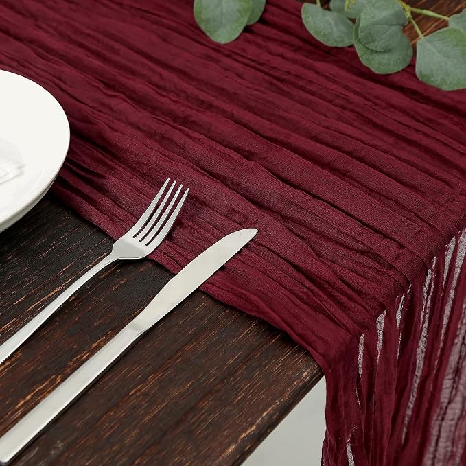 DOLOPL Christmas Table Runner Burgundy Cheesecloth Table Runner 13.3ft Boho - Image 2