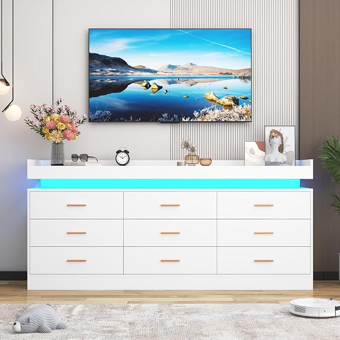 9 Drawer Dresser with LED Light and Charging Station, Wide Drawer Organizer - Image 9