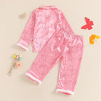 fyclemt Toddler Baby Girl Satin Pajama Set Feather Trim Long Sleeve Button - Image 5