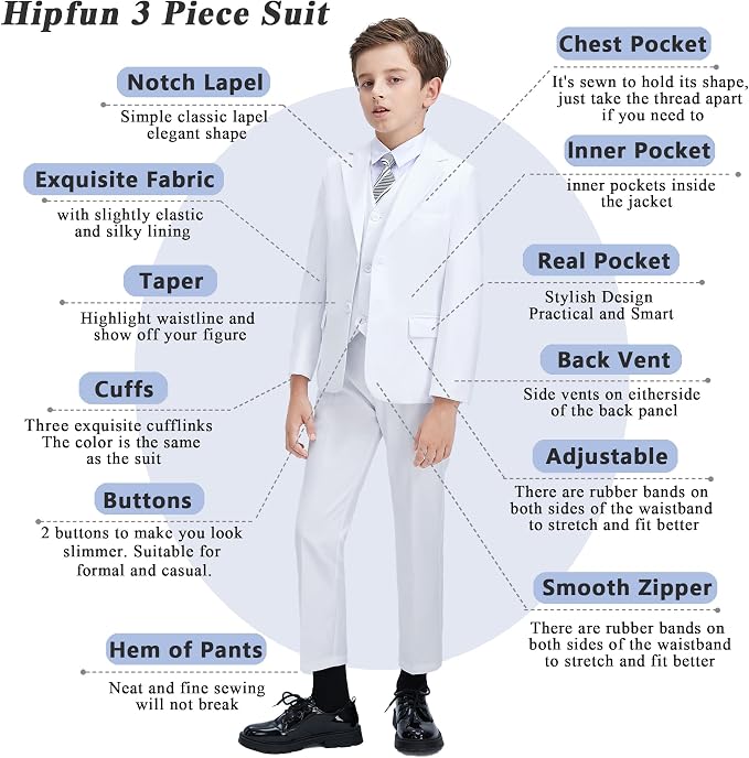 Boys' 3 Piece Suit Set with Suit Jacket, Formal Tuxedos Slim Fit Ring Bearer - Image 3