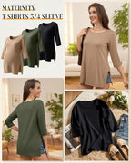 3 Pack Women's 3/4 Sleeve Maternity Shirts Elbow Length Clothes Round Neck - Image 3