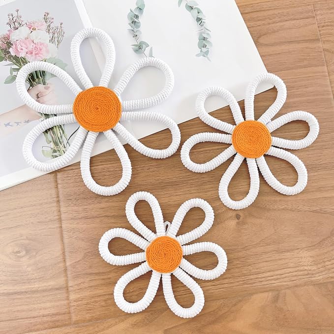 6 Pcs Boho Nursery Decor, Woven Macrame Daisy Flower Wall Hanging in 3 Sizes - Image 3