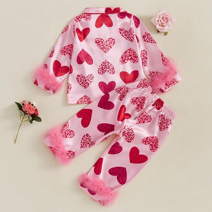 fyclemt Toddler Baby Girl Satin Pajama Set Feather Trim Long Sleeve Button - Image 5