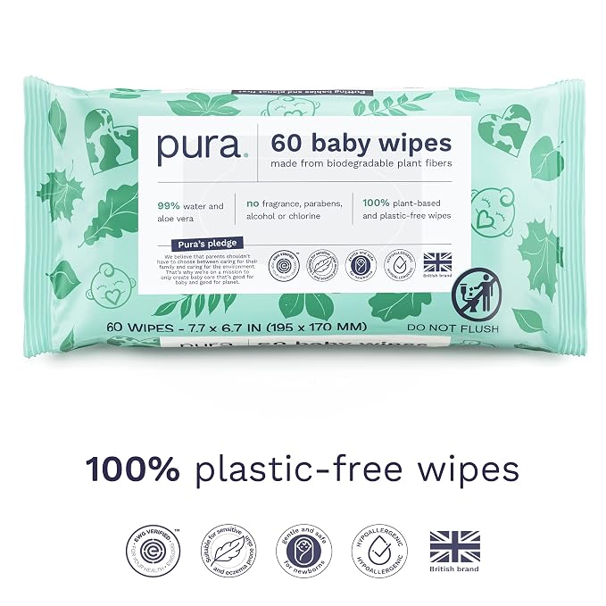 Pura Baby Wipes 3 x 60 per pack 100% Plastic-Free & Plant Based Wipes, 99% Water - Image 2