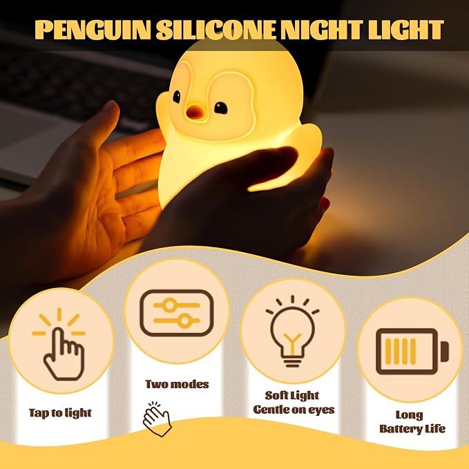 Penguin Nursery Night Light, LED Squishy Silicone Lamp, 2 Levels Dimmable - Image 3