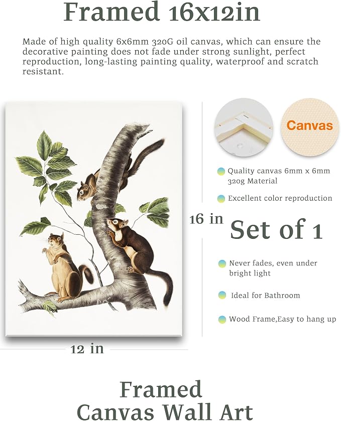 KensTro Vintage Framed Wall Art, Three Cute Squirrels Crawl on Tree Branch - Image 2