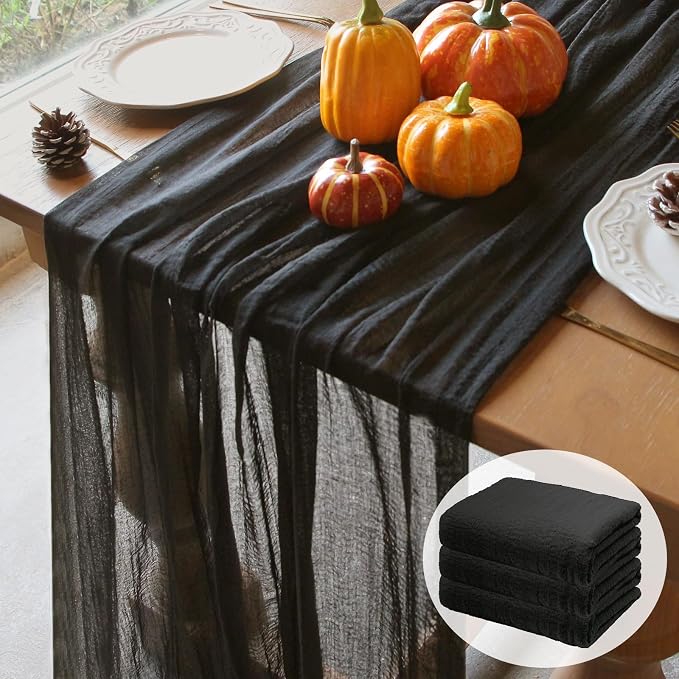FEXIA 3 Pack Black Cheesecloth Table Runner 30x118 Inches Rustic Boho Gauze by FEXIA