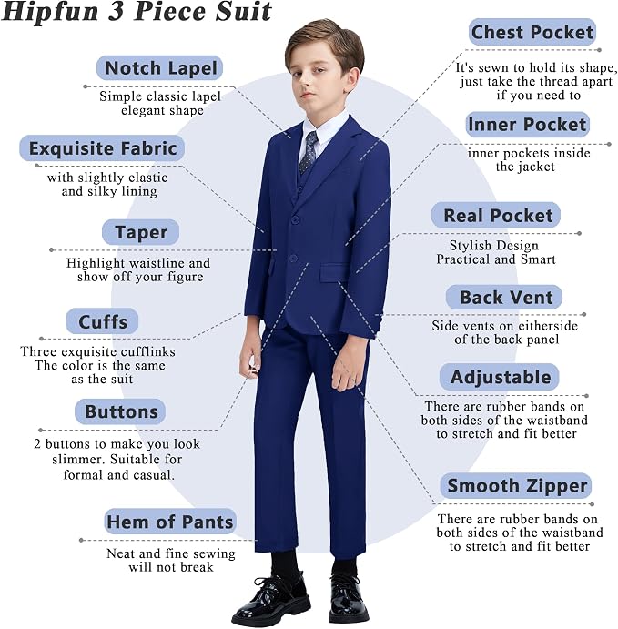 Boys' 3 Piece Suit Set with Suit Jacket, Formal Tuxedos Slim Fit Ring Bearer - Image 3