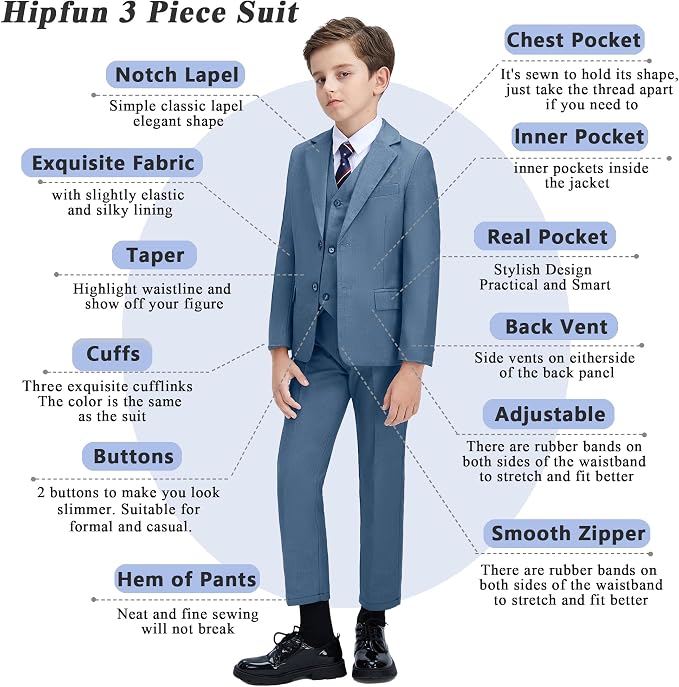 Boys' 3 Piece Suit Set with Suit Jacket, Formal Tuxedos Slim Fit Ring Bearer - Image 3