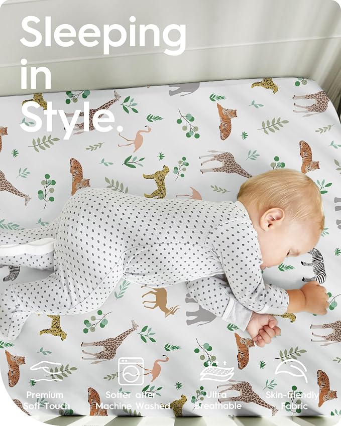 Pack N Play Sheets Fitted, TotBasic Ultra Soft Mini Crib Sheets Safari - Image 2
