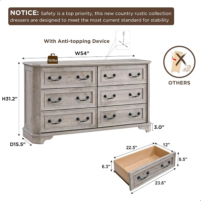 T4TREAM Farmhouse 6 Drawers Dresser - Image 2