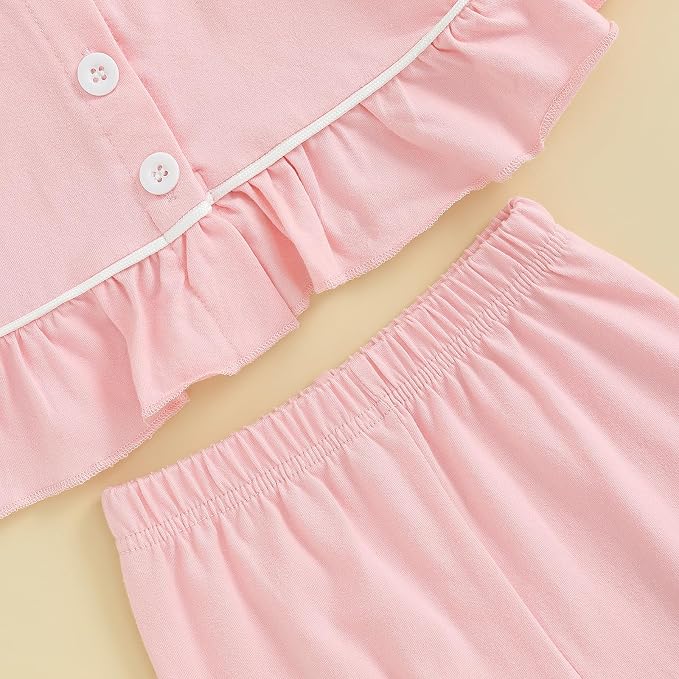 fhutpw Toddler Kids Baby Girl Pajamas Set Solid Color Ruffle Long Sleeve Button - Image 6