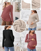 Ficerd 3 Pack Women's Maternity Shirts Ribbed Long Sleeve Pregnancy Tops V Neck - Image 4