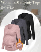 Ficerd 3 Pack Women's Maternity Shirts Ribbed Long Sleeve Pregnancy Tops V Neck - Image 3