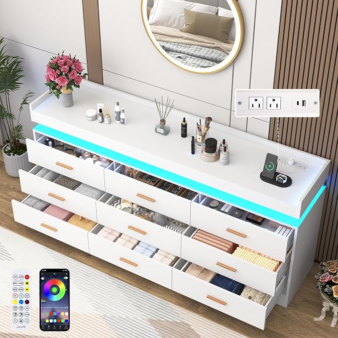 9 Drawer Dresser with LED Light and Charging Station, Wide Drawer Organizer - Image 3