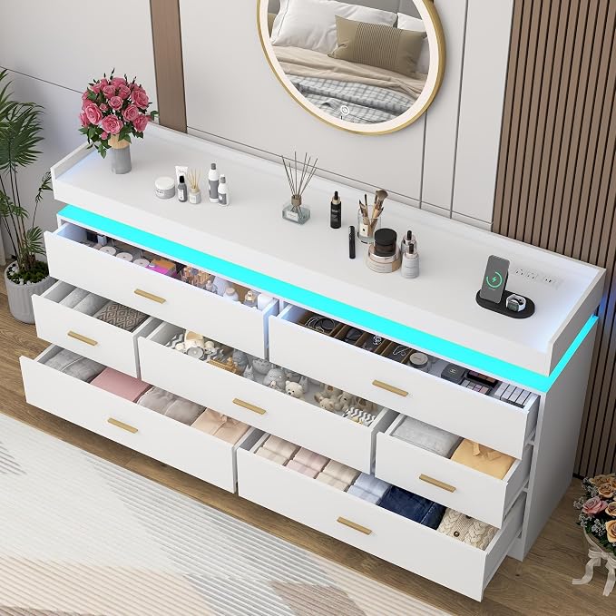 7 Drawer Dresser with LED Light and Charging Station, Wide Drawer Organizer - Image 3