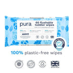 Pura Flushable Toddler Wipes 1 x 60 Wipes, 100% Plastic Free, 99% Water - Image 2